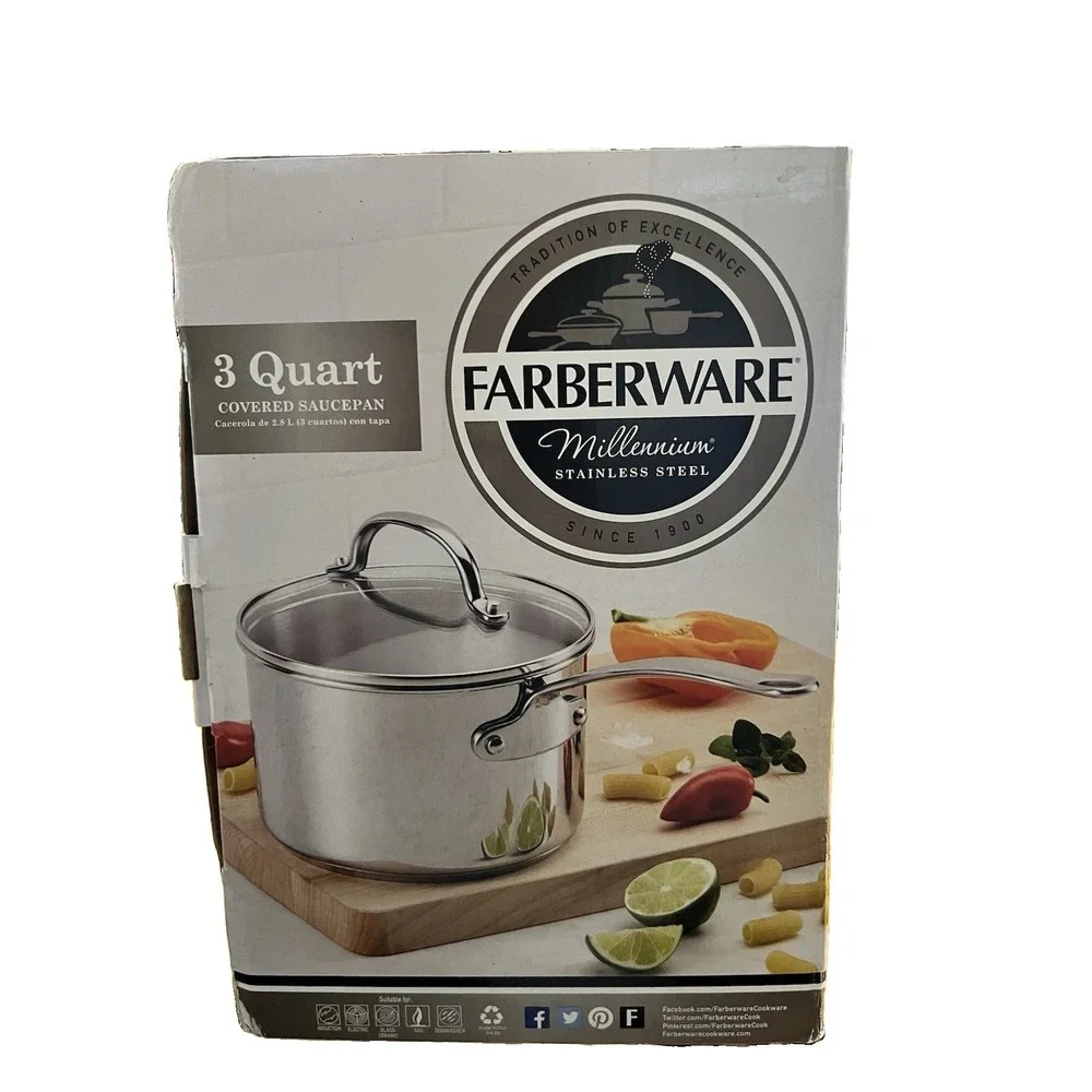 NIB Farberware Millennium 3 Quart Covered Stainless Steel Saucepan